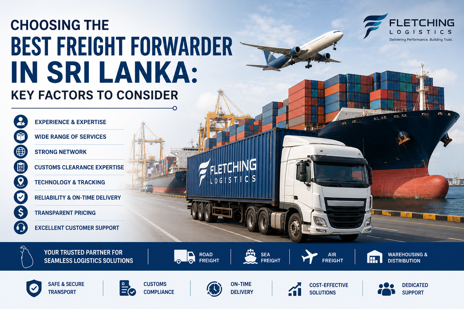 Cargo ship, freight truck, and airplane representing freight forwarding and logistics services in Sri Lanka by Fletching Logistics.
