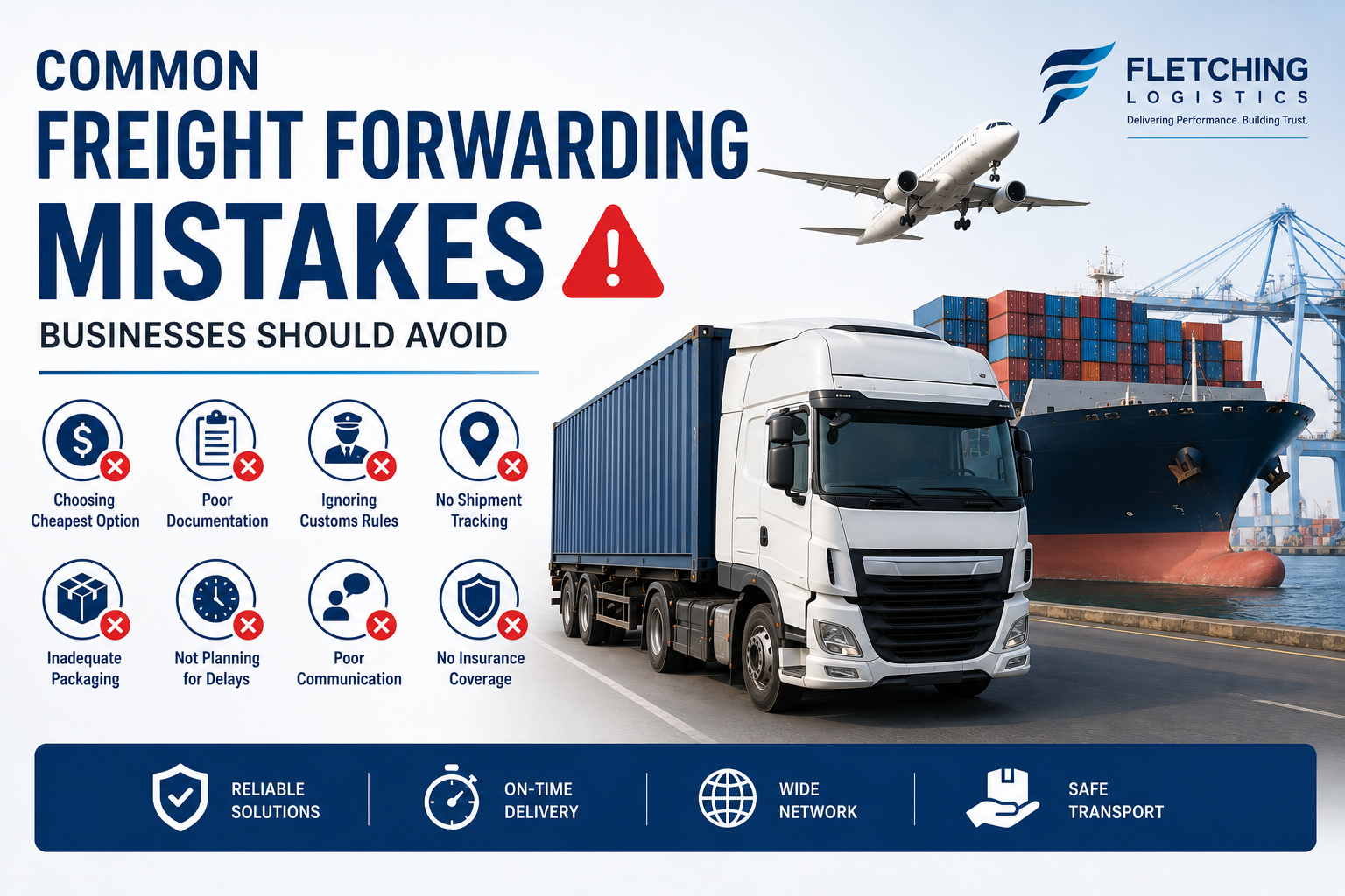 Freight forwarding mistakes infographic showing cargo truck, shipping containers, and logistics errors businesses should avoid.