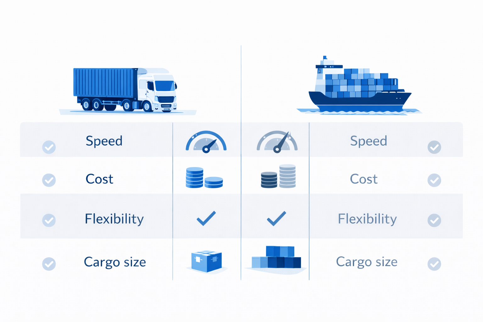 Infographic comparing road freight and sea freight using truck and cargo ship icons