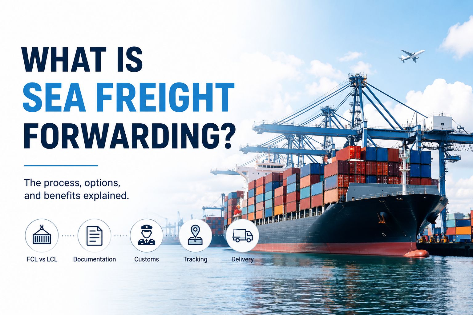 Container ship at a commercial port illustrating sea freight forwarding, cargo shipping, customs clearance, and international logistics.