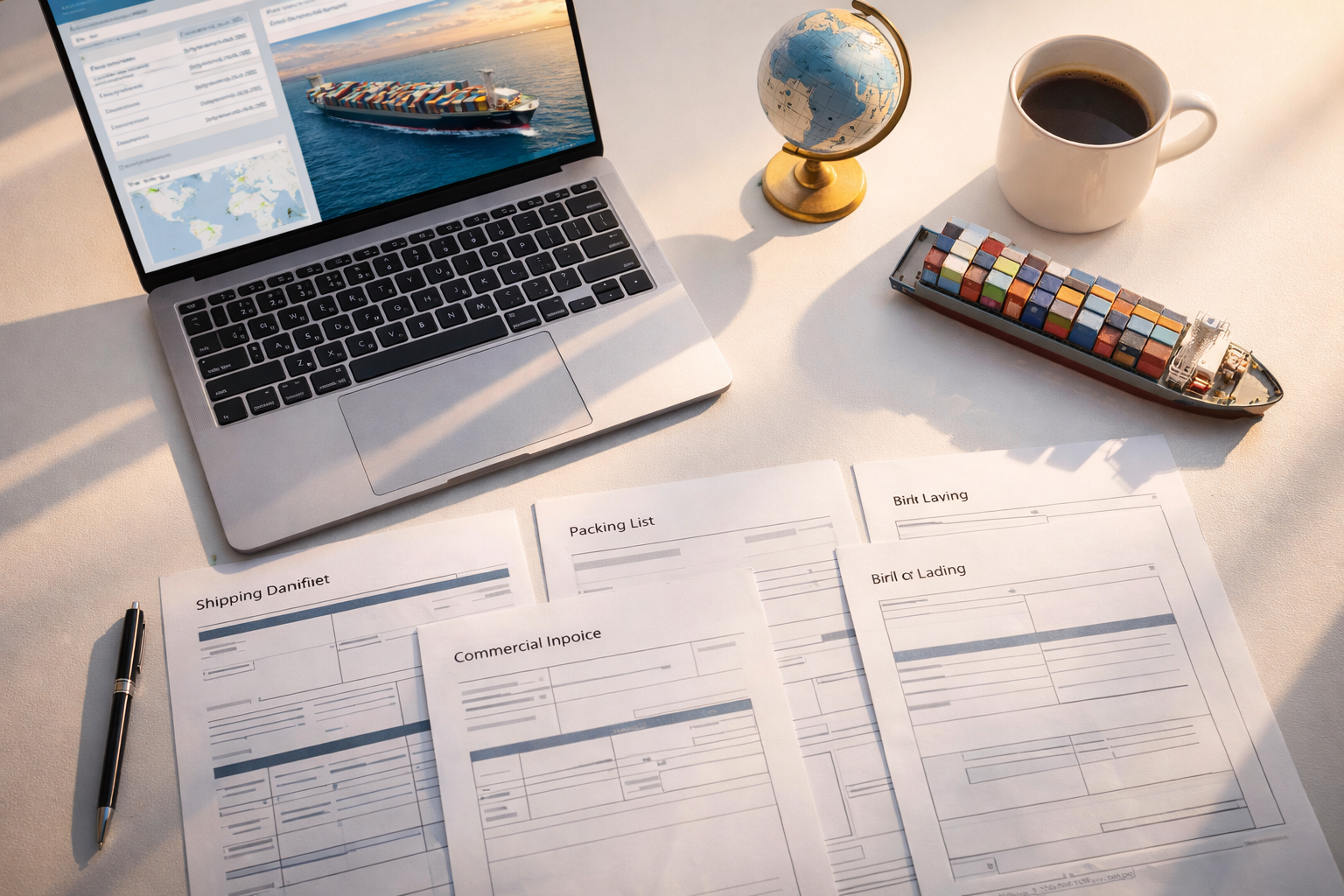 International shipping and customs documents with laptop, globe, and cargo model on desk