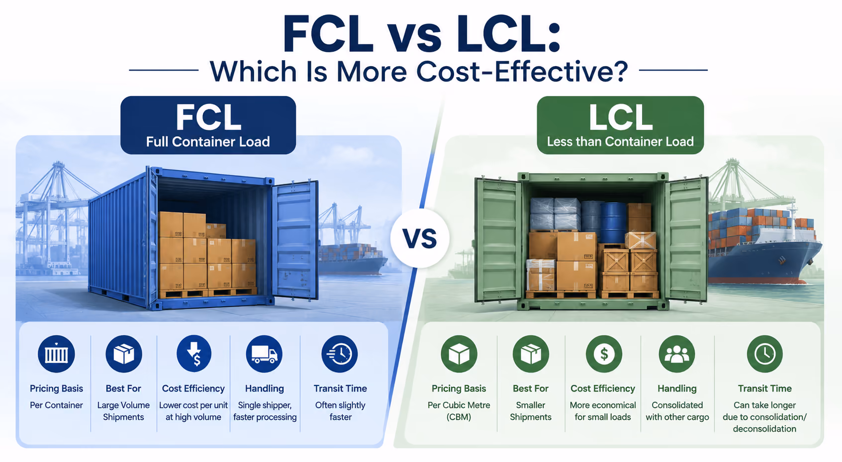 Landscape infographic comparing FCL and LCL sea freight options by pricing basis, shipment size, cost efficiency, handling, and transit time.
