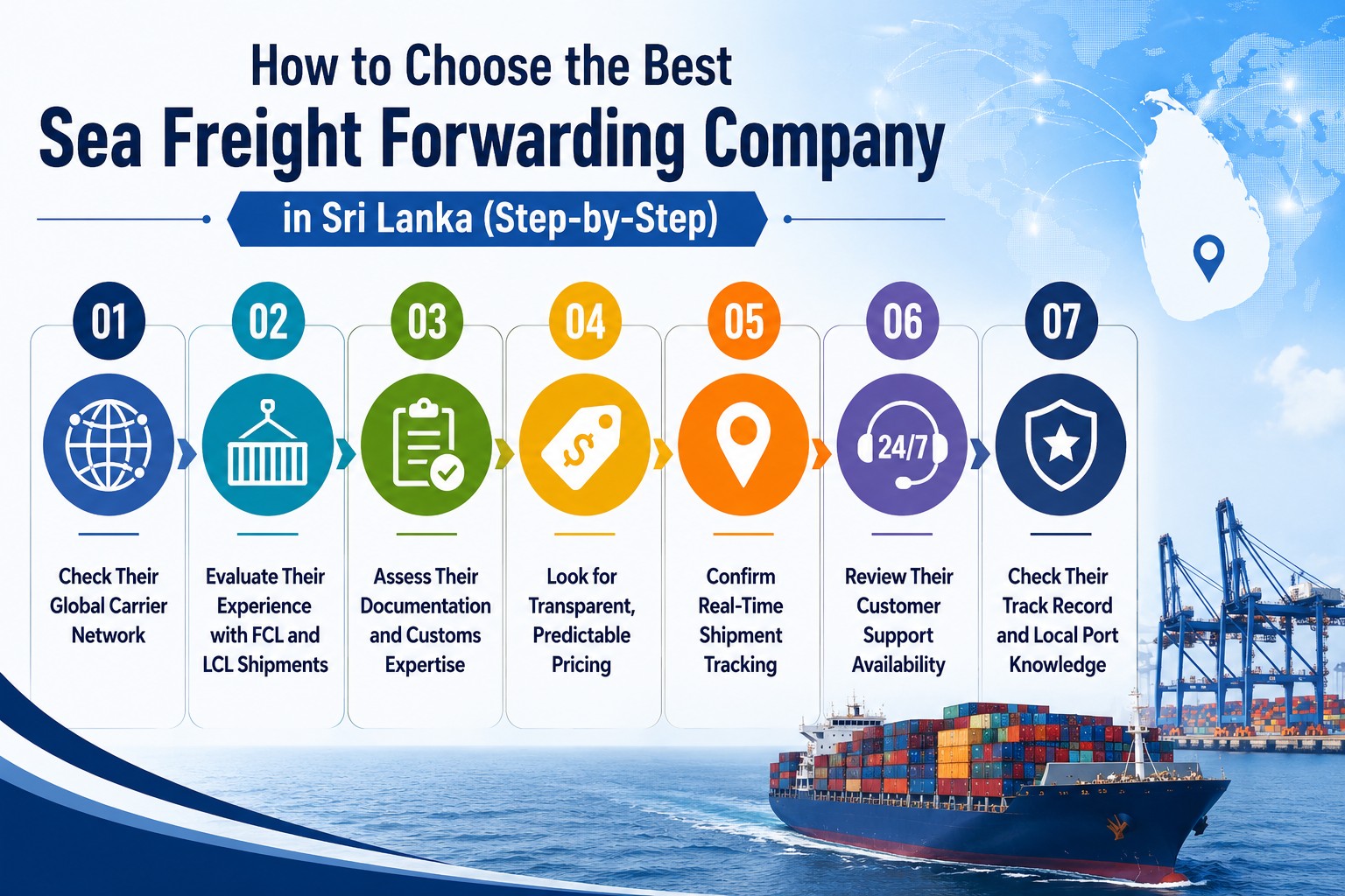 Infographic showing seven steps to choose the best sea freight forwarding company in Sri Lanka, including carrier network, customs expertise, pricing, tracking, and support.