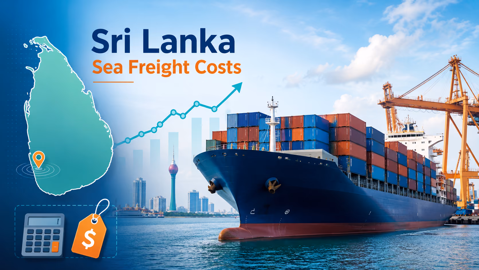 A creative featured image showing a cargo container ship, Sri Lankan port visuals, cost indicators, and a Sri Lanka map to represent key pricing factors behind sea freight shipping average costs in Sri Lanka.